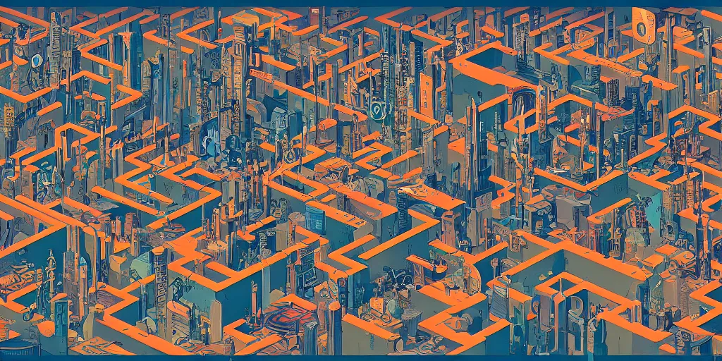 Image similar to a graphic layout design maze poster of cyberpunk city, chris ware, peter mohrbacher, jane newland, peter gric, chris ware, aaron horkey, illustration, artstation