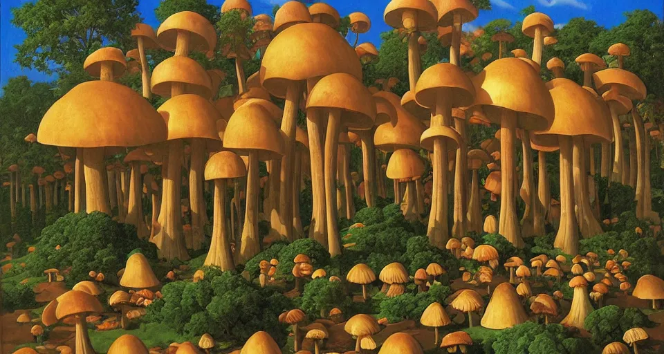 Prompt: A tribal village in a forest of giant mushrooms, by Thomas Blackshear