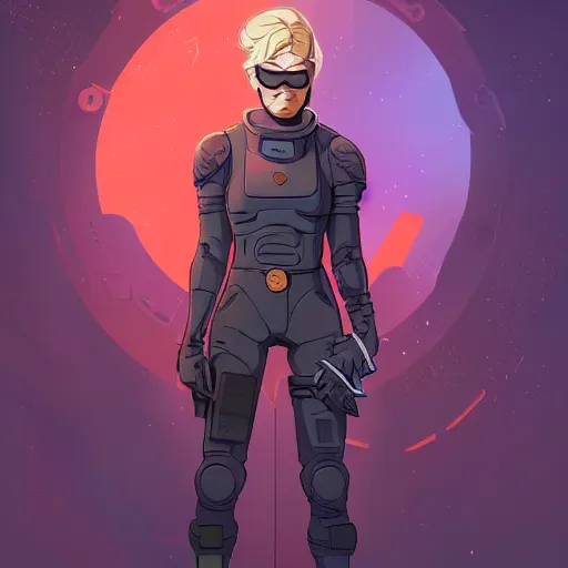 Prompt: character concept art, stoic heroic emotionless square - jawed butch blonde handsome tattooed woman engineer, wearing round dark goggles, wearing flight suit, science fiction, in the style of artgerm and charlie bowater and atey ghailan and mike mignola, vibrant colors and hard shadows and strong rim light, comic cover art, space station background, trending on artstation