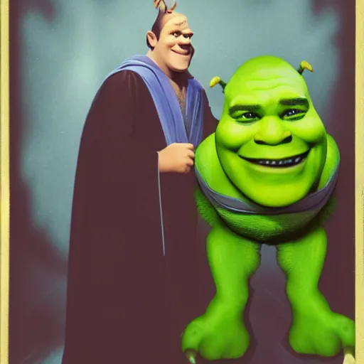 Image similar to A vintage photo of Shrek wearing Jedi robes, foggy, portrait