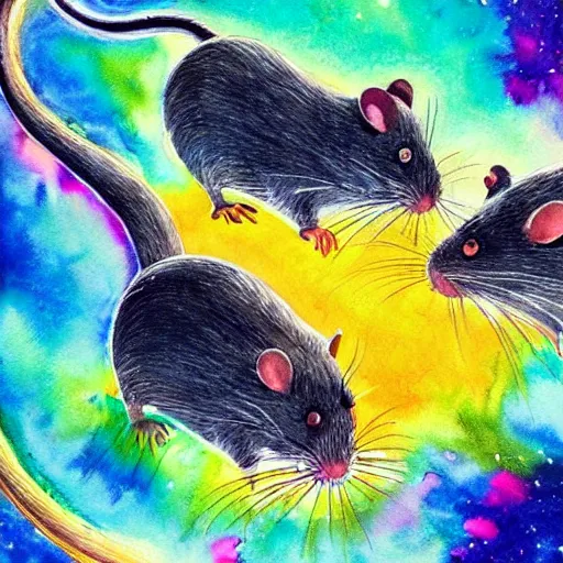 Prompt: rats in space. watercolor. vibrant. amazing painting. beautiful. high resolution. highly realistic. cool tones. close - up.