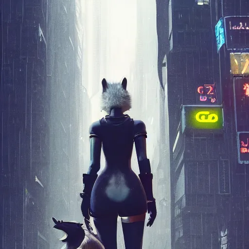 Prompt: new york city portrait of 2B nier automata as a furry anthro anthropomorphic animal person fursona wearing skin tight clothes muzzle gloomy rainy screenshot from the video game cyberpunk 2077 digital art by Greg Rutkowski, Simon Stalenhag, christopher nolan trending on Artstation, CGSociety