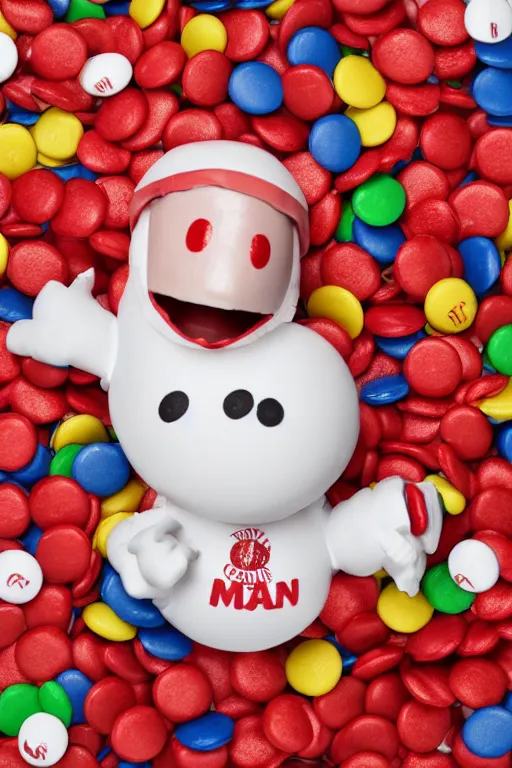 Image similar to a single red m & m candy with white arms and legs, a red sphere wearing a white baseball cap, eminem as the red m character standing on a floor covered with m & m candies, m & m candy dispenser!!!, m & m plush, unreal engine, studio lighting, unreal engine, volumetric lighting, artstation, professional food photography