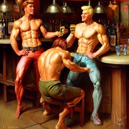 Image similar to attractive muscular aliens with brunet hair and attractive muscular alien with blond hair. pants and shorts, drinking their hearts out, in a pub. very defined and detailed painting by j. c. leyendecker, gaston bussiere, craig mullins 8 k