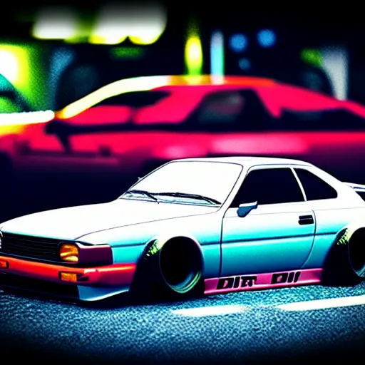 Image similar to a car S30 turbo drift at illegal car meet, shibuya prefecture, midnight mist streetlights, realistic colors, photorealistic, highly detailed wheels, highly detailed