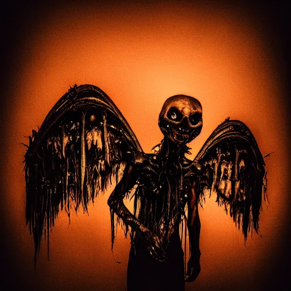 Image similar to a dark artistic photo of an alien creature with crazy wings, liminal eerie midnight backlit, big budget horror, a polaroid photo, bleeding decaying colors!