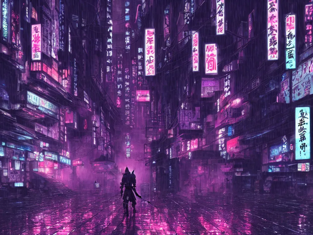 Prompt: high detailed lone dead samurai in a cyberpunk rainy city at night by Kentaro Miura, purple and pink and blue neons, unreal engine, high quality, 4K, UHD, trending on ArtStation, wires, blade runner vibes, ghost in the shell, akira, dorohedoro
