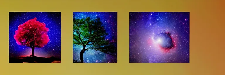 Image similar to beautiful trees, multicolor stars and galaxies, psychedelic, trending on artstation, hd photography
