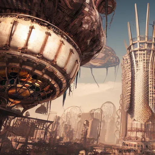 Image similar to enormous flying city in a rusted faberge egg, sky, steampunk, fantasy art, unreal engine,