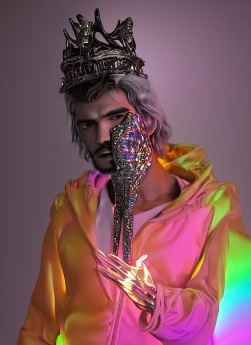 Image similar to photo of baroque and bladerunner delicate neon diamond sculpture of ceramic albino king marlon teixeira seductive delicious tongue out, creamy orange iridescent humanoid deity wearing white fluffy hoody holding diamond skull in a black metallic dungeon, reclining, glowing rainbow face, crown of white diamonds, cinematic lighting, photorealistic, octane render 8 k depth of field 3 d
