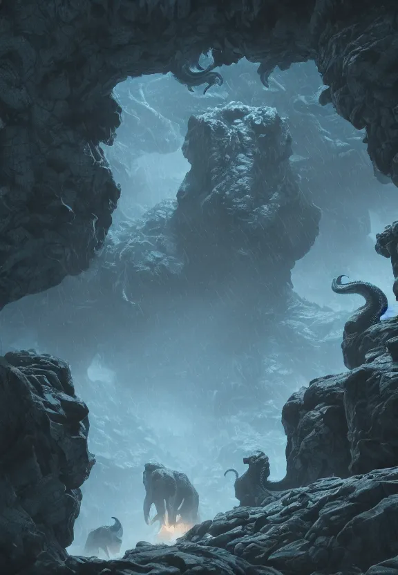 Prompt: three lovecraftian mastiffs attacking inside a claustrophobic dark blue canyon of stone, tentacles of black shadow, digital art, greg rutkowski, lovecraft, unreal engine, octane render, cinematic lighting, highly detailed