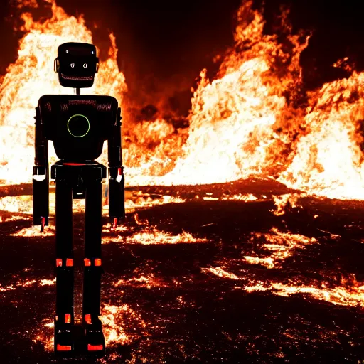 Image similar to cinematic shot of a tall all-black metallic humanoid robot with glowing red eyes holding a machine gun and walking through the burning ruins of a luxury casino filled with smoke, 8k, dslr, epic, dramatic,