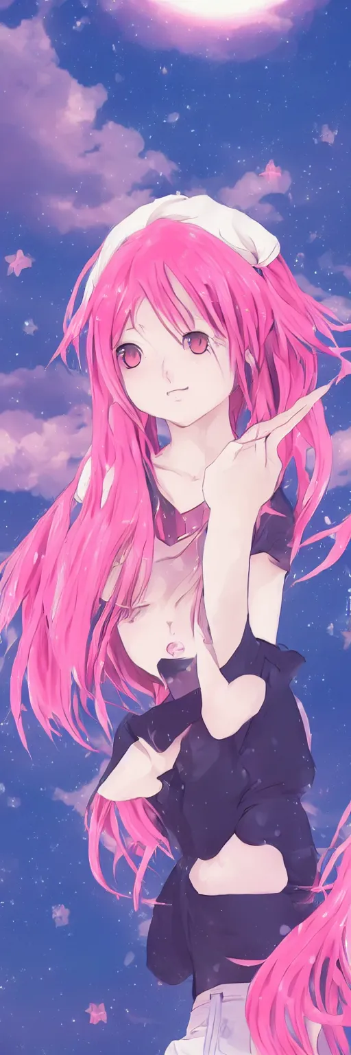 Image similar to A beautiful anime cat girl with pink hair, rule of thirds, digital art, iphone wallpaper, cgsociety, trending on artstation, sunset backgroung with shooting stars in the sky