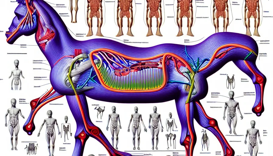 Image similar to psychedelic anatomically accurate labeled medical diagram of centaur, intricate parts, fine details, hyper realistic, elegant minimalism, by seichen, surreal