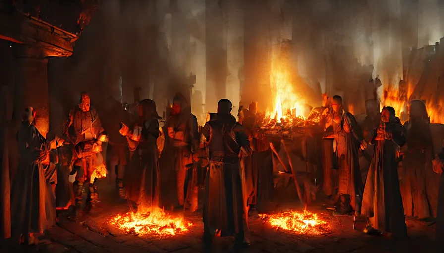 Prompt: a great inquisitor with a torch in his hands, they are having a barbecue, behind which is a village burning with fire, fine details, blood, digital art, volumetric lighting, cinematic light, photorealistic, by greg rutkowski, by marc simonetti, by giger, by caravaggio, 4 k,