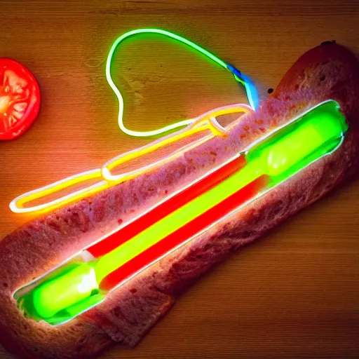 Prompt: an extremely high quality photo of a surreal neon-lightsaber-sandwich, ((sandwich)) creation, a hybrid mixture of lightsabersandwich filled with lightsaber neons and sandwichlightsaberneontube-tomatos, neon tubesauce drizzled, drooping lightsaber lettuce, glowing sandwich, radioactive sandwich, promotional photo, 4k polymer clay food photography