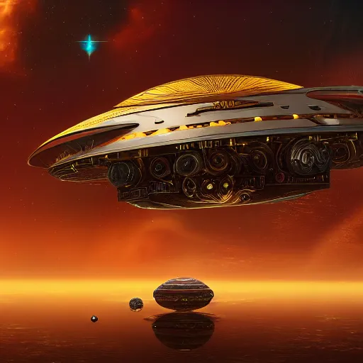 Image similar to colossal dream bot mothership in outer space, golden heart, golden hour, intricate details, sharp focus, digital art, hyper realistic, 4 k, unreal engine, highly detailed, hd, dramatic lighting by brom, trending on artstation