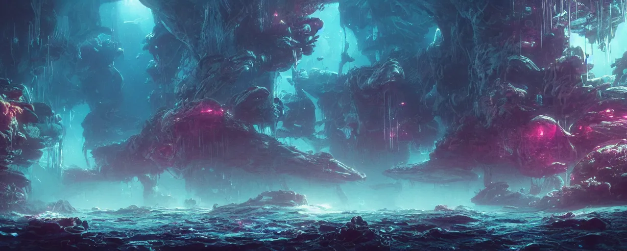 Image similar to ” underwater alien landscape, [ dark, lightshafts, cinematic, detailed, epic, widescreen, opening, establishing, mattepainting, photorealistic, realistic textures, octane render, art by slop and paul lehr ] ”