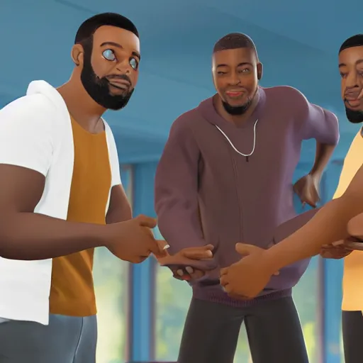 Prompt: 3 black guys walking towards a big cake. ultra realistic.