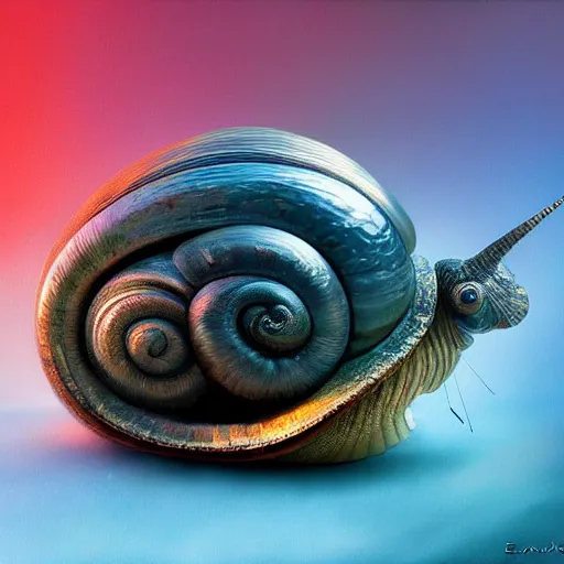 Prompt: huge snail by elena vizerskaya and ivan aivazovsky, perfectly detailed, artstation, sharp focus, highly detailed, studio photography, impresion de giclee arte abstracto, award winning