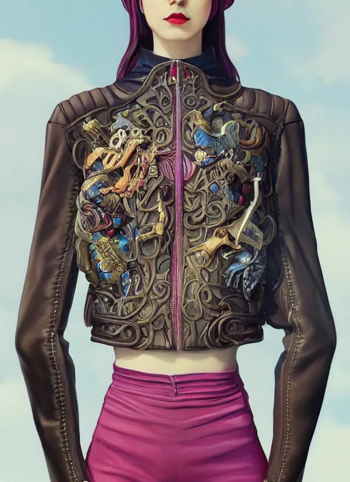 Image similar to skintight leather jacket : : by martine johanna and simon stalenhag and chie yoshii and casey weldon and wlop : : ornate, dynamic, particulate, rich colors, intricate, elegant, highly detailed, centered, artstation, smooth, sharp focus, octane render, 3 d