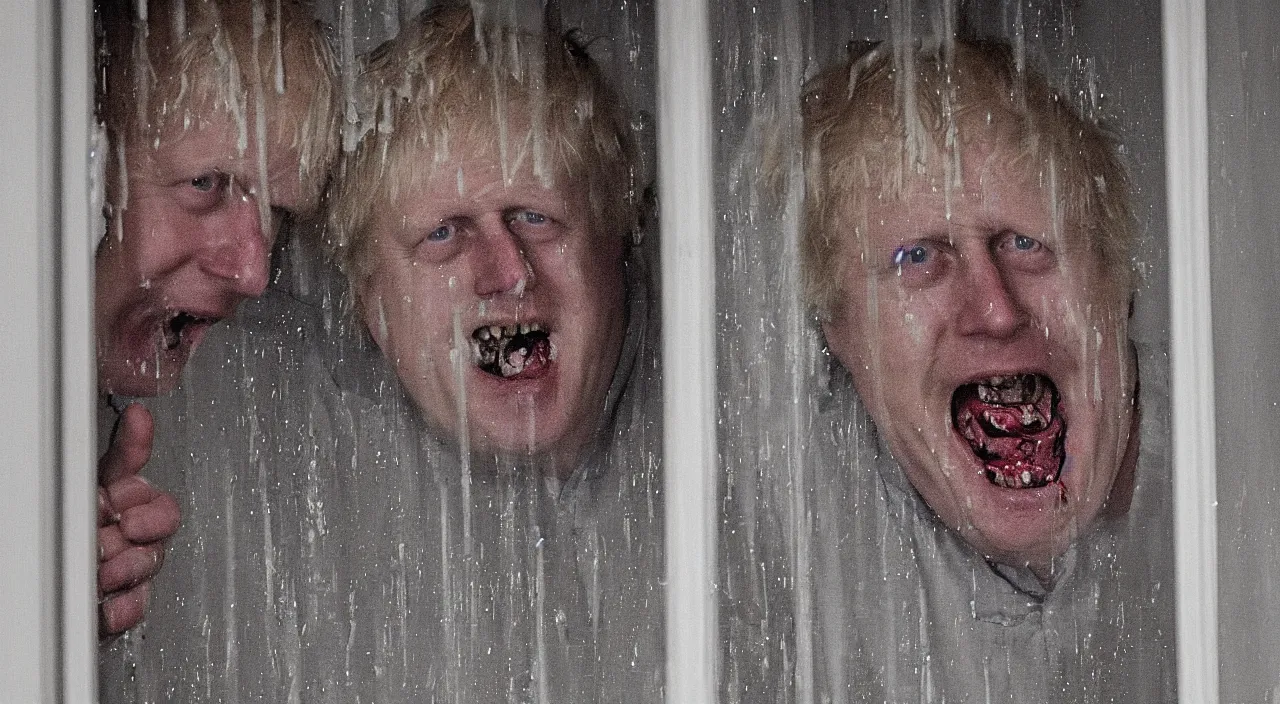 Image similar to a zoomed out photo taken from the inside of an old house, showing window blinds being pulled back to reveal a terrifying boris johnson his unhinged face pressed against the window and his bloody hands placed on the window, horrifying grin. horror, raining, night time