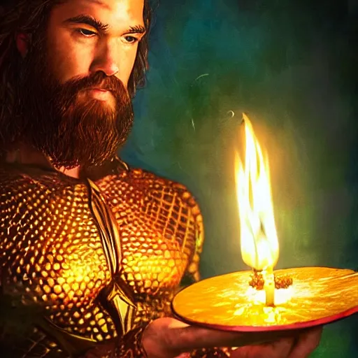 Image similar to intricate five star portrait of aquaman blowing the candle at his birthday, oil on canvas, hdr, high detail, photo realistic, hyperrealism, matte finish, high contrast, 3 d depth, centered, masterpiece, grainy, muted colors, enhanced light effect, enhanced eye detail, artstationhd