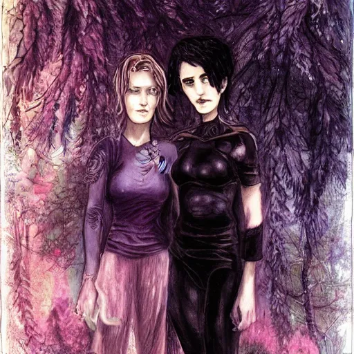 Image similar to stoic heroic emotionless blond butch tomboy woman, standing side by side with taller goth black - haired dark fae jennifer connelly, in love, romantic in romantic garden at night, mike mignogna, illustration, pen and ink, oil painting, highly detailed, sci fi, dreamy and romantic