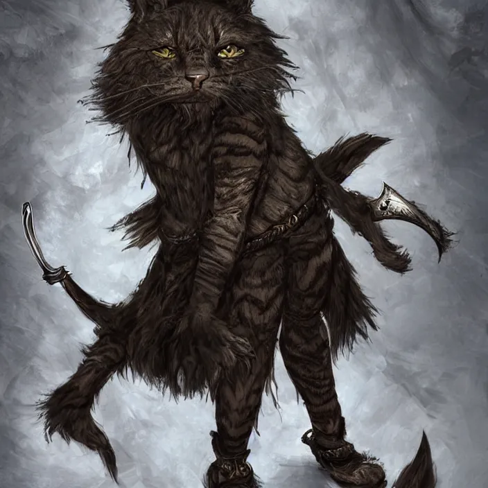 Image similar to khajit tabaxi catfolk humanoid with maine coon features black fur with a scar on the left eye and holding two shortswords cloaked in shadow and wearing hooded leather armor toned muscle, dungeons and dragons, pure white background, fantasy, tarot card style, high detail, hyper realistic