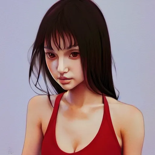 Image similar to a beautiful young japanese natalie portman alluring gravure model, wearing elegant designer tank top, elegant tank top with mesoamerican patterns, by akira toriyama and wlop and ilya kuvshinov and artgerm and, aesthetic, gorgeous, stunning, alluring, attractive, artstation, deviantart, pinterest, digital art