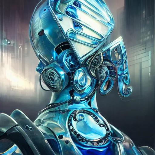 Prompt: low angle shot of a cyberpunk gazmask robot character with blue eyes, front shot, intricate, elegant, highly detailed, centered, digital painting, artstation, concept art, smooth, sharp focus, illustration, artgerm, Tomasz Alen Kopera, Peter Mohrbacher, donato giancola, Joseph Christian Leyendecker, WLOP, Boris Vallejo