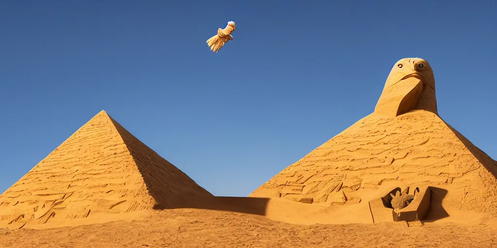 Image similar to A giant sand sculpture of an eagle head standing in the middle of a desert, next to a pyramid. Hyperrealistic photograph, golden hour