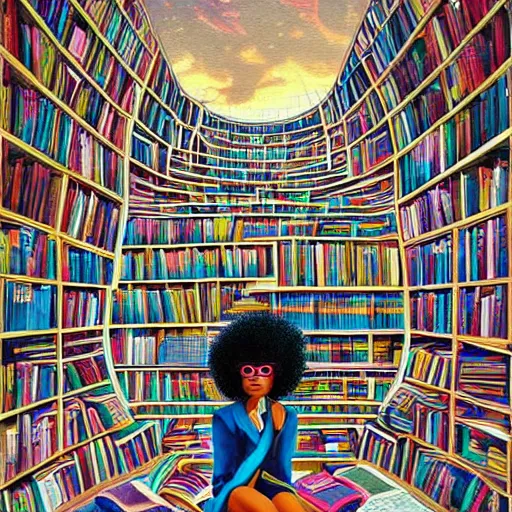 Prompt: symmetry!!! a young black girl with a colorful afro and cybernetic glasses, sits cross legged on top of a tall pile of books!! in a vast and endless library. a beautiful painting by artgerm and greg rutkowski and justin bua and evgeni gordiets in a surreal portrait style. psychedelic, beautiful detailed face. synthwave color scheme