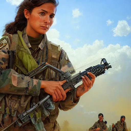 Prompt: beautiful YPJ soldier in the defense of Kobanî in the siege of Kobanî, detailed, centered, digital painting, artstation, concept art, donato giancola, Joseph Christian Leyendecker, Boris Vallejo, Breathtaking, 8k resolution, extremely detailed, beautiful, establishing shot, artistic, hyperrealistic, beautiful face, octane render