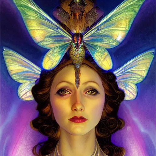 Image similar to beautiful closeup portrait of an art deco fairy queen, glowing eyes. reflective detailed textures, moth wings, highly detailed dark fantasy science fiction painting by donato giancola and nicholas roerich, elaborate geometric ornament, ancient runes, silver and cool colors. artstation