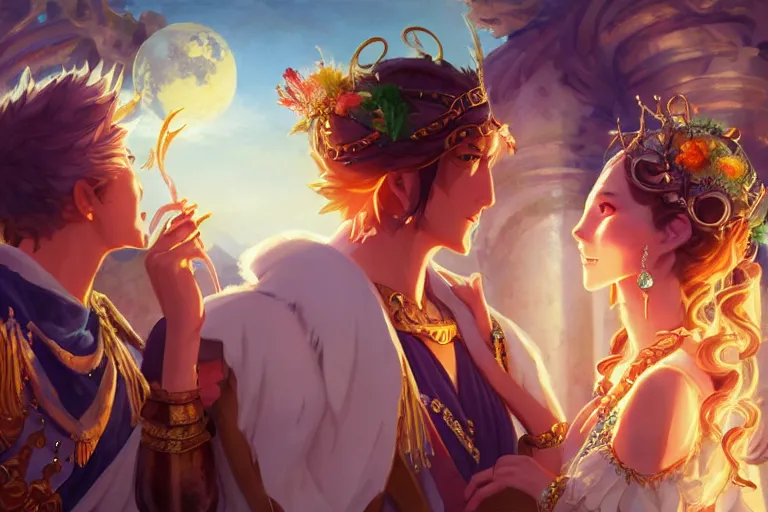 Image similar to close up moment of a divine a sun god and a moon goddess lovers magician at a wedding banquet, highly detailed, d & d, fantasy, 4 k realistic, digital painting, trending on artstation, concept art, sharp focus, illustration, art by makoto shinkai and akihiko yoshida and daniel gerhartz