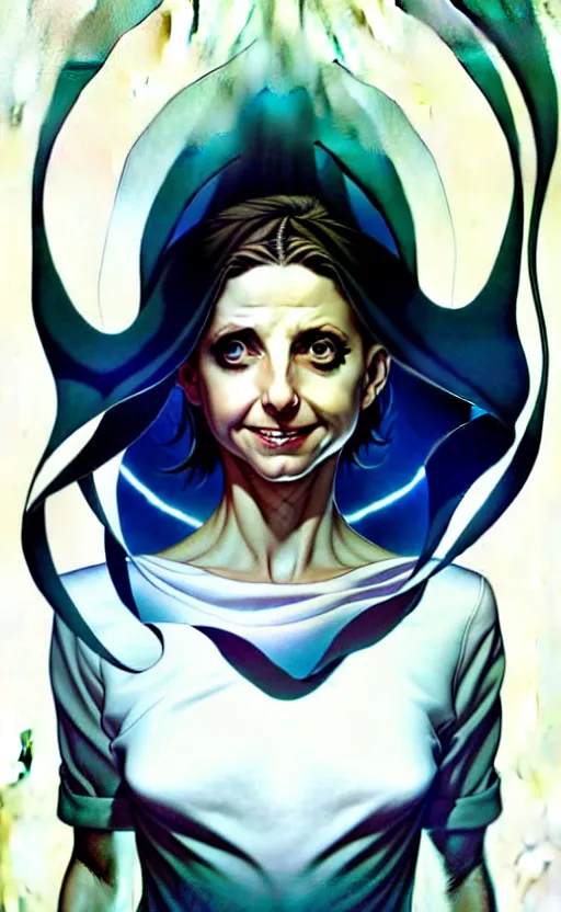 Image similar to artgerm, joshua middleton comic cover art, pretty ghost sarah michelle gellar entire full body, floating, creepy smile, white dress, friendly, symmetrical eyes, symmetrical face, long white hair, inside haunted house