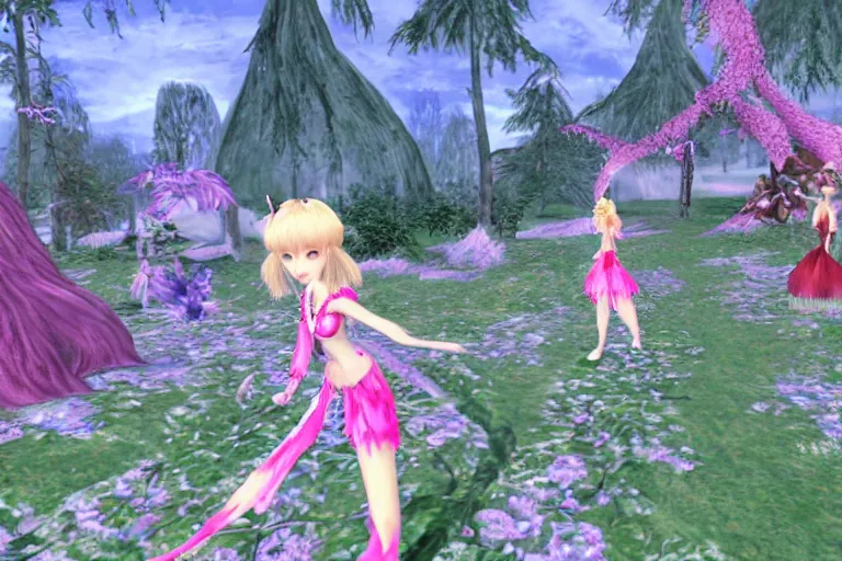 Prompt: cute female forest spirit wearing ornate floral cybernetic hungarian valentino resort dress in a 3 d psx ps 2 jrpg style, esoteric magical alien meadow ritual environment, fashion gameplay battle sequence screenshot with ui hud elements, highly detailed, atelier, xenogears