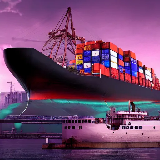 Image similar to photo of Immense industrial futuristic cargo ship arrives at cyber punk city sea port, cinematic lighting, photo