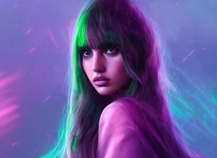 Image similar to beautiful Ana de Armas, blade runner 2049, long flowing hair, trending on artstation, unreal engine, purple neon, green rain, matte painting