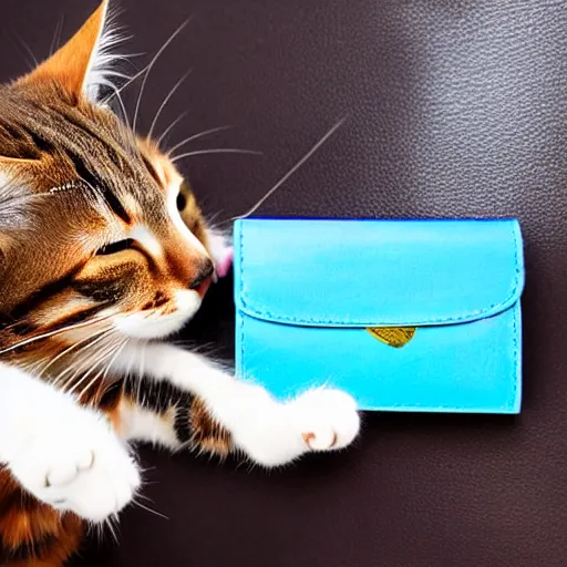 Image similar to stock footage, cat stealing a wallet