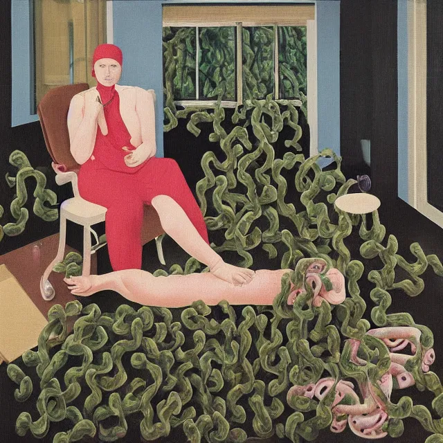 Image similar to a female pathology student in her apartment, wrapped in vines, medical equipment, stepping stones, octopus, pig, parrot, black walls, ikebana, black armchair, sculpture, acrylic on canvas, surrealist, by magritte and monet