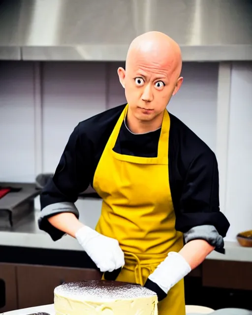 Image similar to chef saitama one punch man, dressed as a pastry chef, fiercely focused at making a cake, beautiful anime artwork