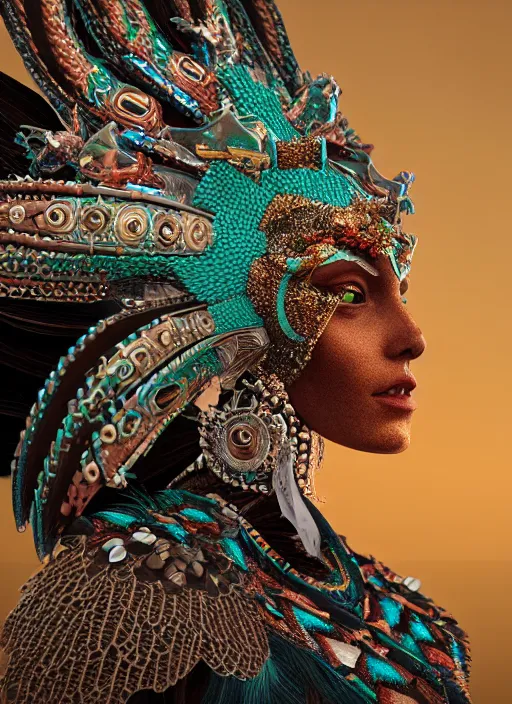 Image similar to 3 d goddess close - up profile portrait. beautiful intricate highly detailed mexican magpie helm and traditional mexican huipil! quetzalcoatl, stingray, bio luminescent, plasma, lava, ice, water, wind, stormy, creature, artwork by tooth wu and wlop and annie leibovitz, octane 3 d render