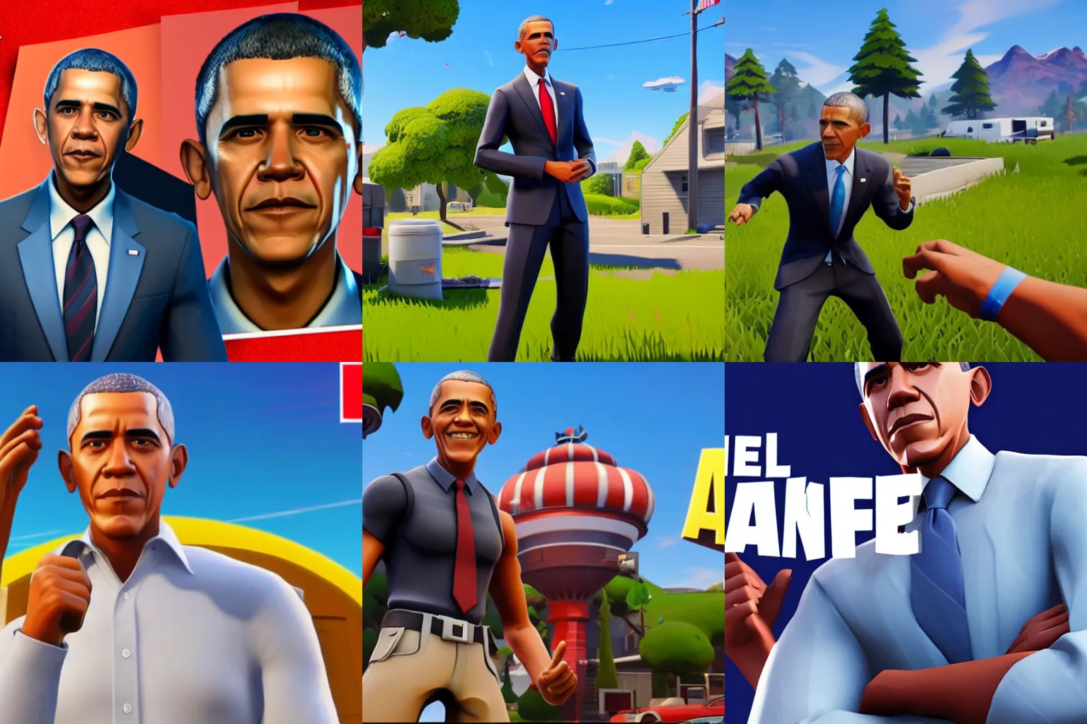 Prompt: A screenshot of Barack Obama in Fortnite, 3D, Unreal Engine, 4K UHD, RTX, DLSS,
