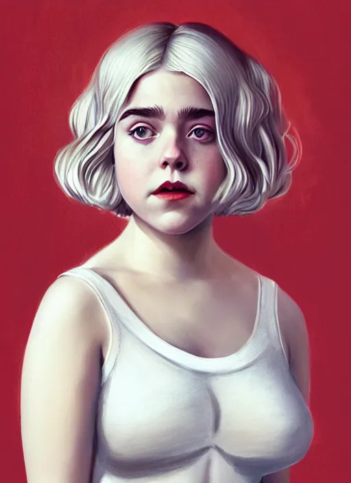 Image similar to full body portrait, kiernan shipka as sabrina spellman, white hair, obese, bangs, sultry, realistic, sultry smirk, fluffy bangs, freckles, fat, belly, intricate, elegant, highly detailed, digital painting, artstation, concept art, smooth, sharp focus, illustration, art by wlop, mars ravelo and greg rutkowski