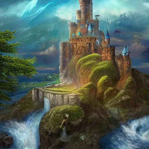 Image similar to a flyinf castle above the sky with rivers flowing down, trending on artstation, digital fantasy painting, high detail, hd, 4k, 8k full res