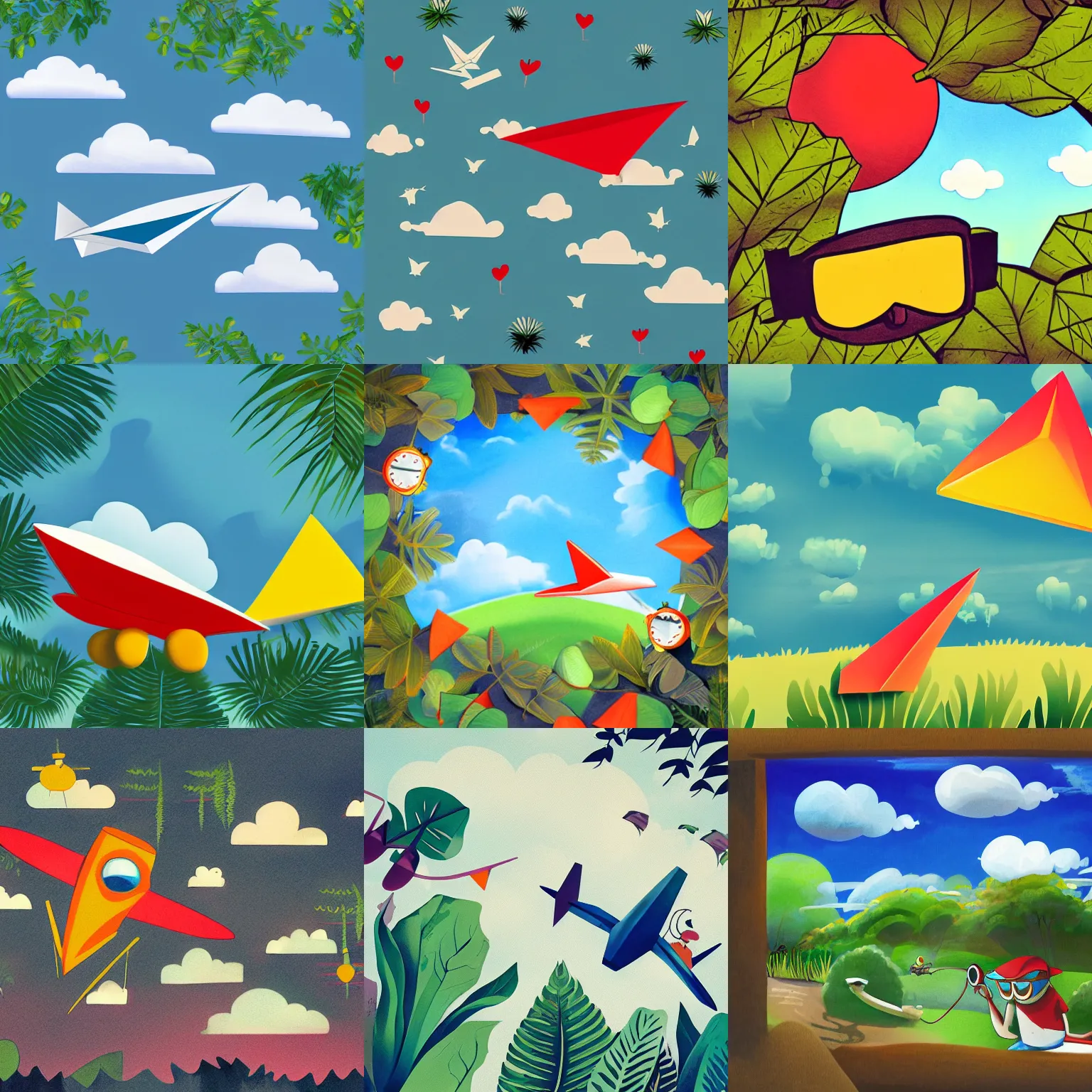 Prompt: paper plane, sky, clouds, plants, trees, mouse wearing goggles, atmospheric, full of color, illustration by Disney