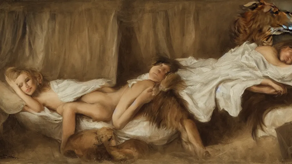 Prompt: girl lying next to a lion and a stork in a bed under white bed sheets, by guillermo lorca