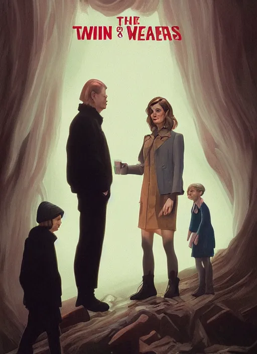Prompt: Twin Peaks movie poster artwork by Michael Whelan and Tomer Hanuka, Rendering of Emma Watson & Kiernan Shipka meeting David Bowie, from a scene from Twin Peaks, clean, full of detail, Matte painting, trending on artstation and unreal engine
